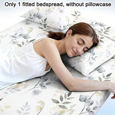 1pc Minimalist Modern Plant & Floral White Background Butterfly Pattern Printed Brushed Fitted Sheet, Bedroom Printed Bed Cover, Mattress Cover, Mattress Protector, Dust-Proof Bedding (Pillowcase Not Included)