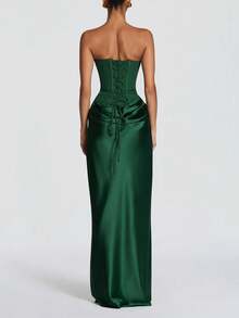 New Women's Sexy Strapless Backless Lace-Up Draped Fitted Dress, Elegant Formal Evening Gown For Wedding Bridesmaid And Formal Occasions - 墨綠色 - 查看 7