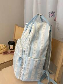 甜美條紋蝴蝶結印花女童後背包，附頂部提把，學院風輕量上學包，韓系Ins風百搭休閒青少年後背包 - 多色 - 查看 6