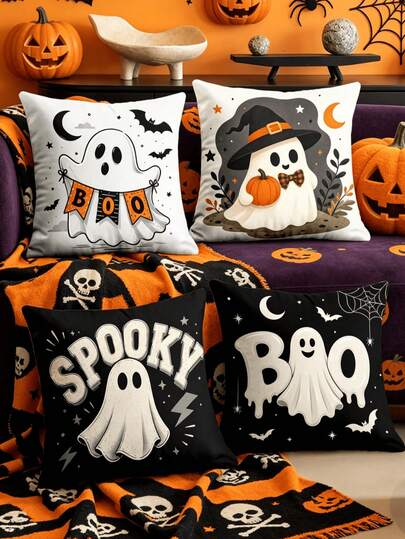 1/4pcs New Halloween Pattern Pillowcase, Halloween-Themed Cushion Cover, Decorative Pillowcase, Square Pillowcase, Halloween Decoration, Decorative Pillow, Suitable For Living Room, Sofa, And Bedroom Party Decoration, Pillow Insert Not Included