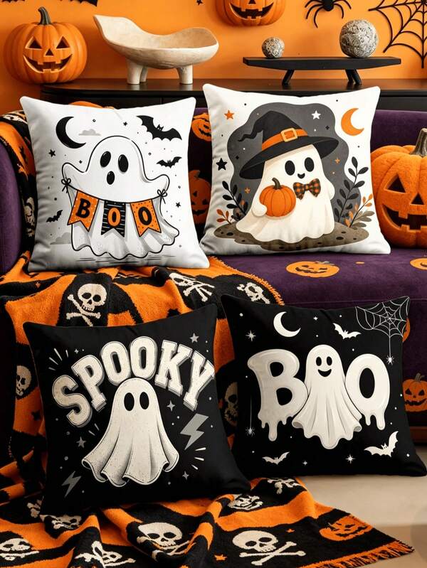 1/4pcs New Halloween Pattern Pillowcase, Halloween-Themed Cushion Cover, Decorative Pillowcase, Square Pillowcase, Halloween Decoration, Decorative Pillow, Suitable For Living Room, Sofa, And Bedroom Party Decoration, Pillow Insert Not Included