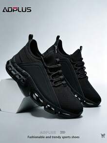 AoPlus Men Full Black Air Cushion Running Shoes Breathable Knit Sneakers Shock Absorbing Hollow Non-Slip Athletic Walking Trainers - 黑色 - 查看 3