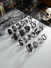 16pcs/Set Punk Gothic Style Ring Set, Multi-Element Skull, Spider, Bat, Cross, Heart Shaped Rings, Funny Animal Snake Rings, Metal Fashion Hip Hop Jewelry Gift, Women Daily Party Accessories, Fashion Jewelry, Holiday Gift - Black - View 10