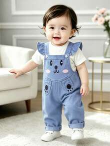Baby Girl 6M-3T Denim Overalls, Denim Jumpsuit, Cartoon Rabbit Overalls, Toddler Casual Pants, Cute Baby Long Pants, Breathable, Suitable For Daily Outdoor Photography - Blue - View 4