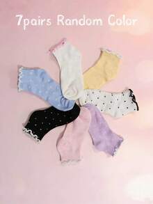 7 Pairs Random Cute Polka Dot Ruffled Trim Fashion Short Socks, Breathable And Comfy For Women - Multicolor - View 6