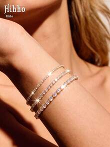 Hihho 3pcs/Set Gold-Plated & Cubic Zirconia Tennis Bracelet, With Adjustable Extension Chain, Multi-Layered Shapes Available, Versatile Accessory For Women's Daily Wear - Multicolor - View 8