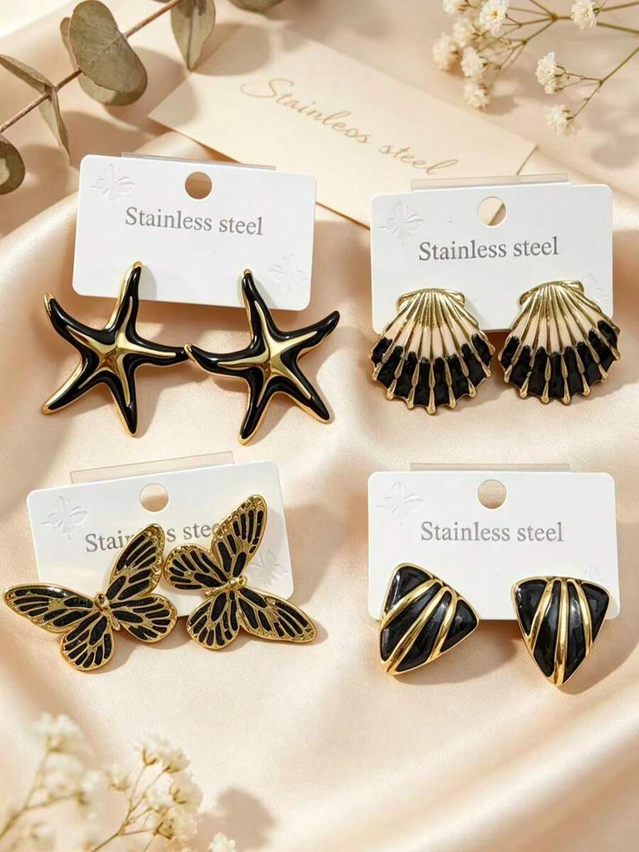 8 pièces/4 paires Ensemble de boucles d'oreilles à clous pour femmes en acier inoxydable style bohème noir à bordure dorée - Design thème océan frais (Étoile de mer/Coquillage/Fleur/Papillon) - Hypoallergénique - Convient pour les séances photo et les multiples occasions - Parfait pour les festivals de musique, les vacances à la plage et les tenues de fête - Multicolore - Voir 1