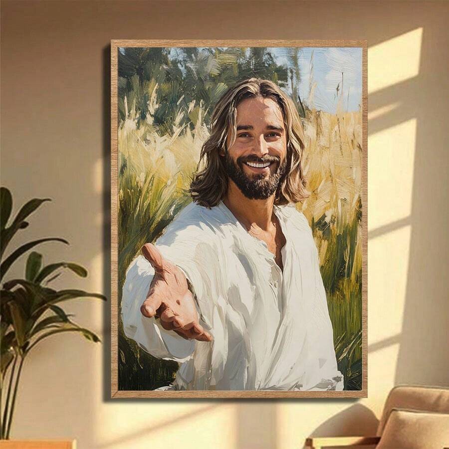 1 pieza/Set Arte de pared en lienzo vintage de Jesucristo, Póster de lienzo del Salvador sonriente, Impresión de pintura al óleo de figura bíblica, Decoración para sala de estar, dormitorio, oficina, Regalo religioso para creyentes, Sin marco incluido