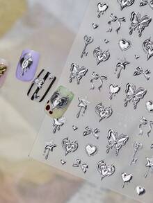 1 3D Silber Metall Nagelkunst Luxus Aufkleber, Schmetterling, Herz, Schleife, Schlüssel Muster, selbstklebender Aufkleber, Y2K Stil Nagelkunst Charm Dekoration Nagel Aufkleber DIY - Silber - Übersicht 1