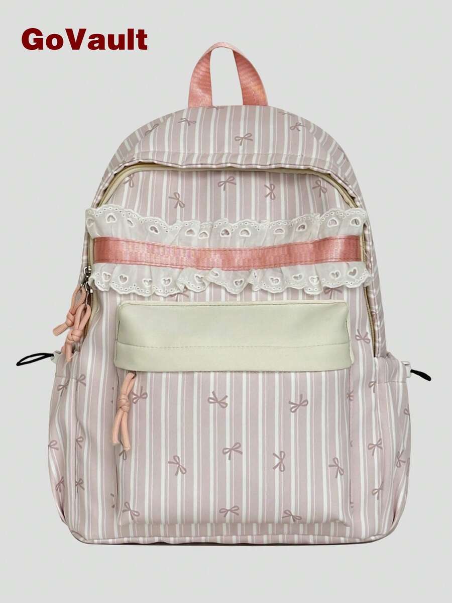 Cute Bow Striped Backpack, Ultra-Light Teen Student School Bag, Women's Casual Daily Commute Backpack, Back To School Season - Multicolor - View 1