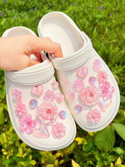 24pcs Pink Flower, Heart, Star Shoe Charms, Suitable For Women Shoes, Sandals, Slippers, Beach Shoes, Garden Shoes DIY Decoration Accessories, Ideal Birthday, Party, Holiday Gift