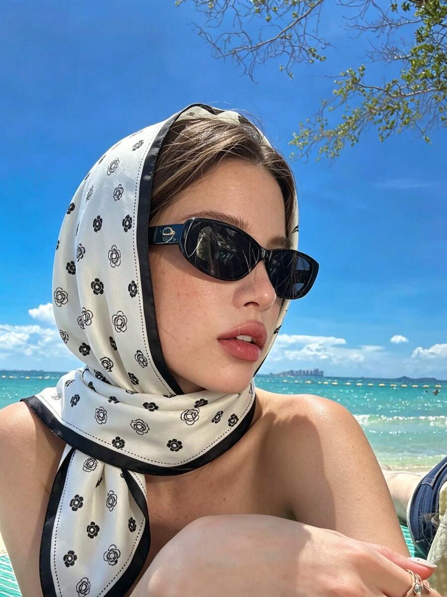 1pc Lightweight, Soft And Fresh Style Square Scarf - Suitable For Daily Outings, Shopping, Light Neck Styling, And Versatile Fashion Combinations - Black and White - View 1
