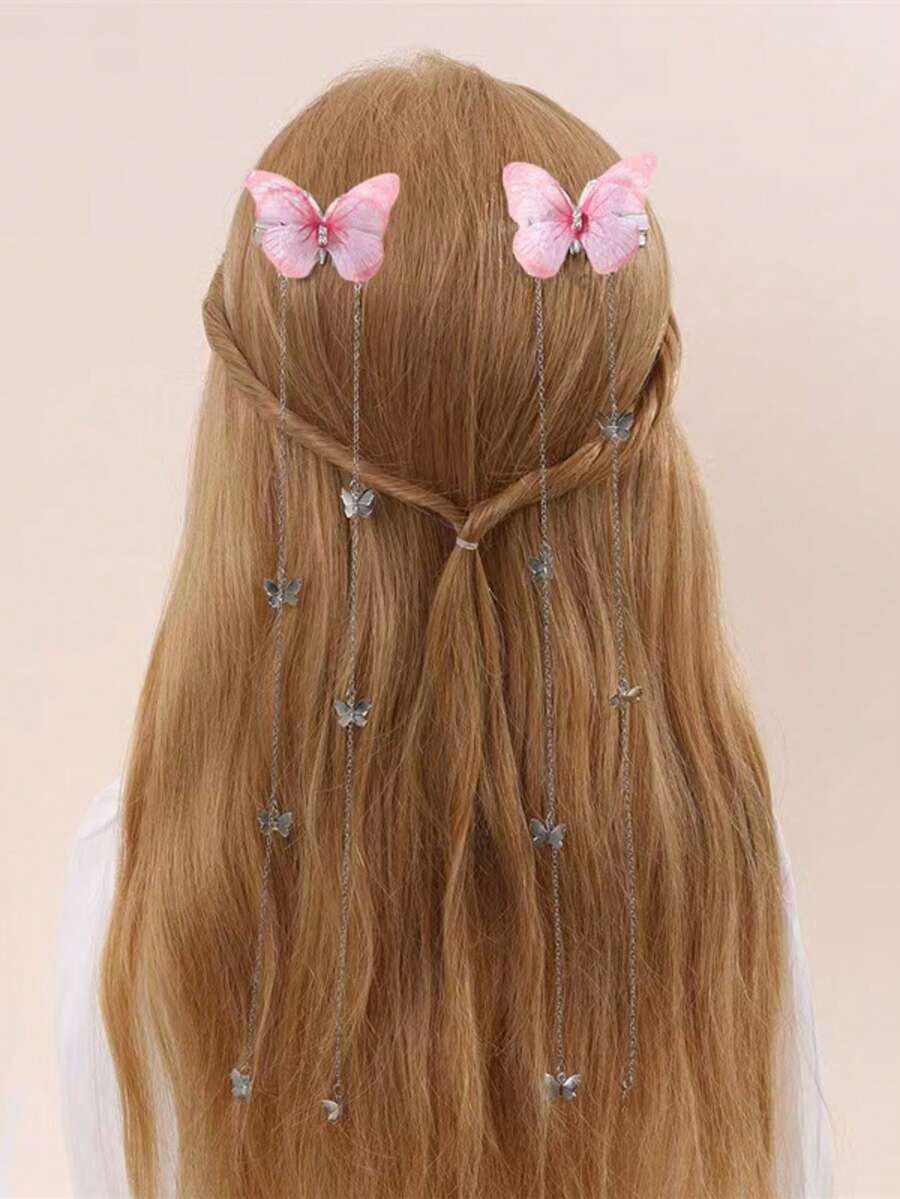 2pcs Girls' Butterfly Chain Pendant Hair Clips For Daily Decoration - Multicolor - View 1