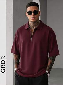 GRDR 男士夏季半拉链 Polo 衫，纯色经典短袖，适合户外休闲穿着 - 酒紅色 - 查看 5