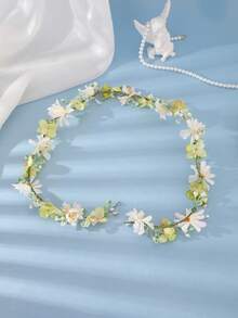 1pc Vintage Elegant Spring White & Green Floral Wreath, Wedding Bridal Accessory, Soft Light Photography Ethereal Accessory - Yellowish-white - View 3