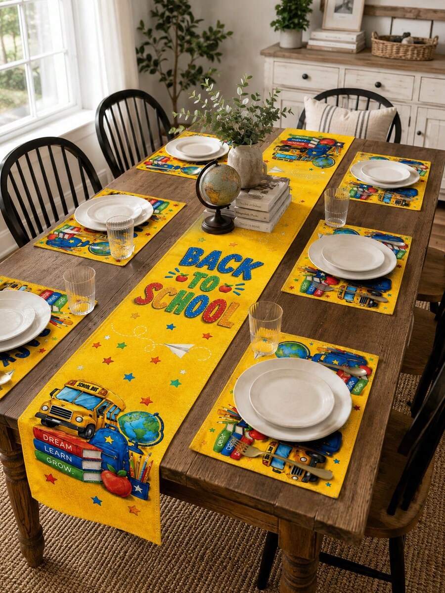 1pc-Back To School Table Runner And Placemats Set, Yellow School Bus Linen Table Decor With Books, Apple, Globe And Stars For Welcome Back Party, Teacher Classroom, Dining Room And Kitchen - Multicolor - View 1