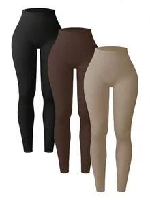 3pcs Women's Ribbed Seamless Leggings, Non-See-Through High Waist Tummy Control Yoga Pants Fall - Multicolor - View 1