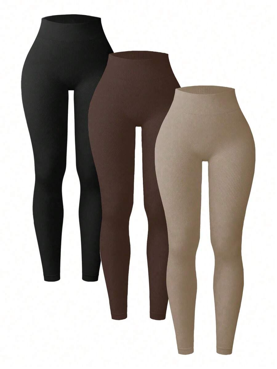3pcs Women's Ribbed Seamless Leggings, Non-See-Through High Waist Tummy Control Yoga Pants Fall - Multicolor - View 1