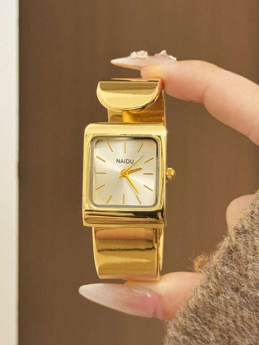 1件 金色/銀色方形竹節石英手錶,適合日常佩戴,也是生日與聖誕節的完美禮物 - 金色 - 查看 1