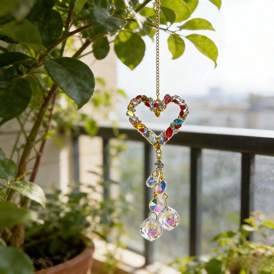 Boho Gold Chain Multicolor Gem Heart Sun Catcher Iridescent Faceted Crystal Drop Hanging Decor Aesthetic Room Window Wall Photo Prop Decoration - 20 Pink Heart-shaped Balls - View 1