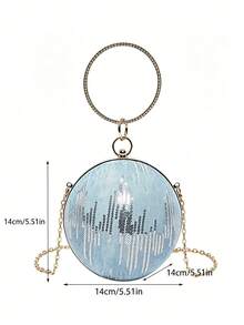 Round Spherical Clutch Bag, Sequin Wavy Pattern, Rhinestone Ring Handle, Detachable Chain Shoulder Strap, Crossbody & Handheld, Suitable For Party, Ball, Wedding, Summer Women - Baby Blue - View 7