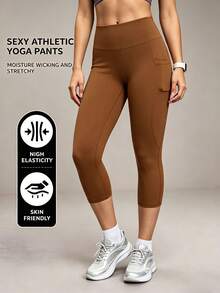 Solid Color Elastic Slim Fit 7/8 Length Leggings, Side Pocket Design, Yoga Pants, Comfortable For Fitness And Daily Wear - Brown - View 2