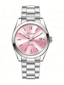 Reloj de cuarzo redondo de acero inoxidable plateado, esfera rosa, diseño de estrella, con calendario, regalo de cumpleaños, versátil para uso diario, regreso a la escuela - Plateado - Ver 8