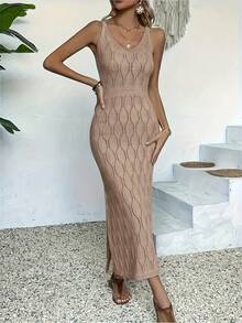 NZZOF Women's Hollow Knit Long Dress Cover-Up, Sleeveless Side Slit Dress, Suitable For Vacation Wear (Bikini Not Included) Beach Summer - Khaki - View 1
