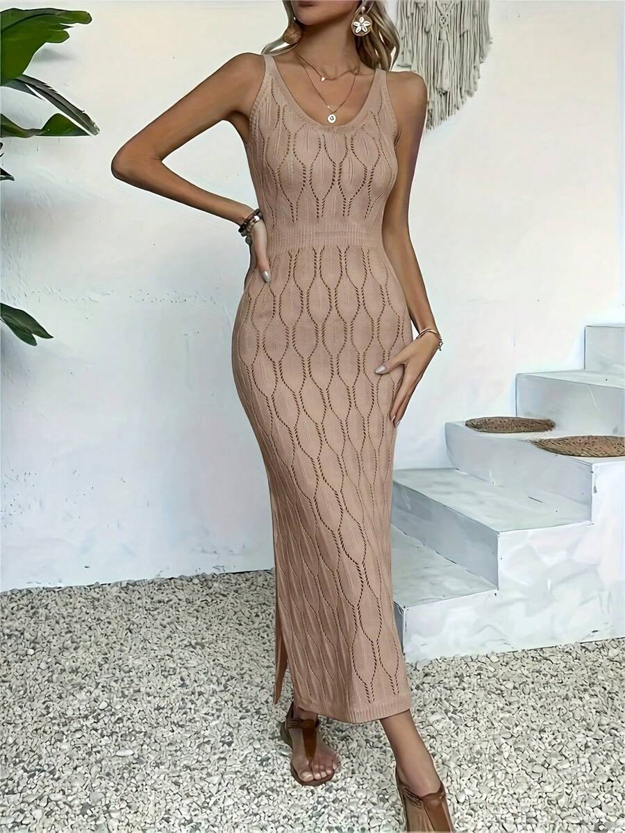 NZZOF Women's Hollow Knit Long Dress Cover-Up, Sleeveless Side Slit Dress, Suitable For Vacation Wear (Bikini Not Included) Beach Summer - Khaki - View 1