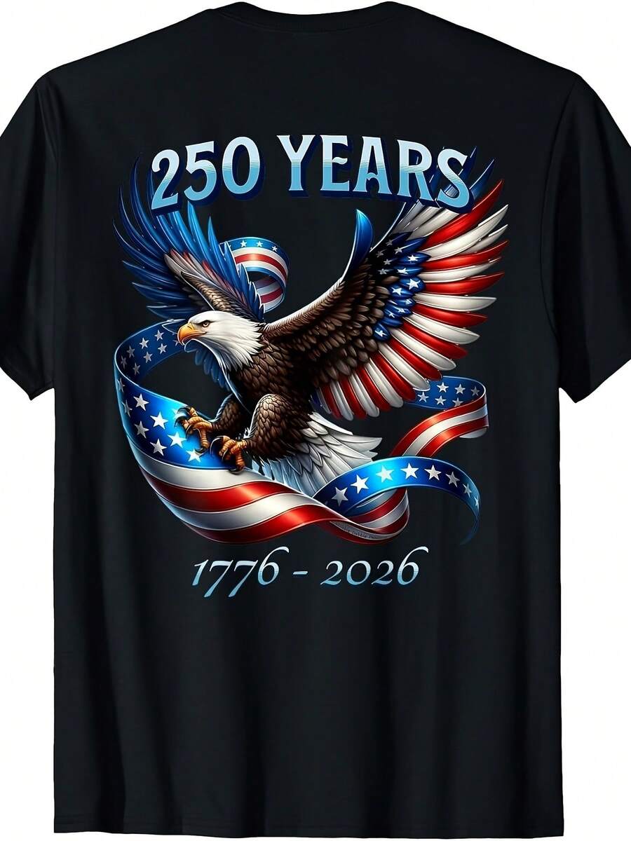 Plus Size T-Shirt, 250th Anniversary 1776-2026, With Patriotic Eagle And National Flag Design | Casual Crew Neck, Short Sleeves, Print, Slightly Stretchy Fabric, Very Flattering - 黑色 - 查看 1