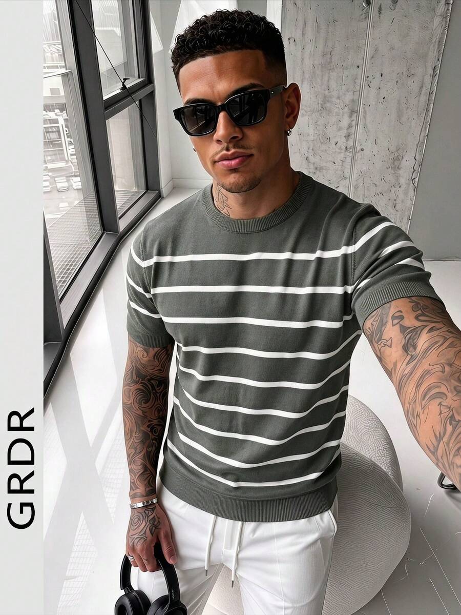 GRDR 男士夏季针织条纹短袖衬衫，适合夏季度假休闲穿着