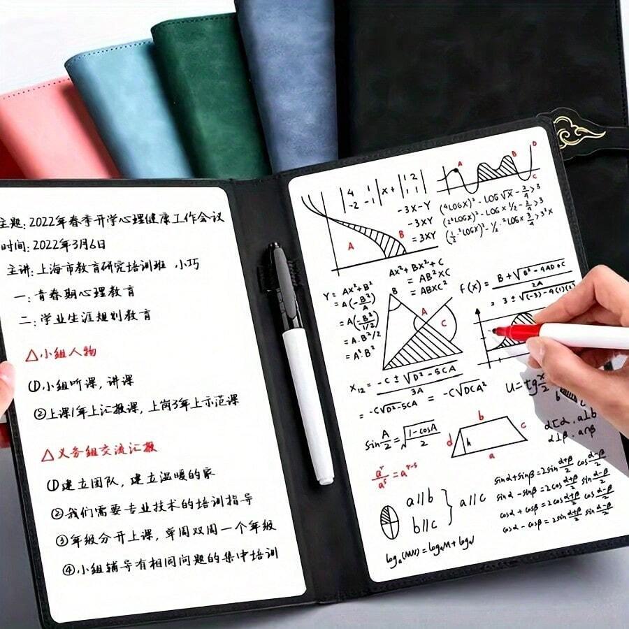 A5 可重複使用白板筆記本，仿皮封面，便攜式週計畫本，數學公式與插圖可擦拭，附筆與擦拭布，適合辦公室與學校，萬聖節、感恩節、聖誕節學校用品