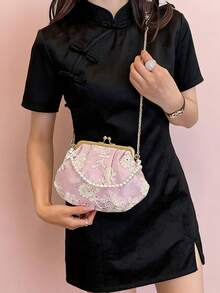 Women's PU Leather Crossbody Bag With Round Polka Dots, Vintage Style Handbag With Buckle Closure And Adjustable Shoulder Strap, Solid Color And Lightweight City Tote Bag - 粉色 - 查看 2