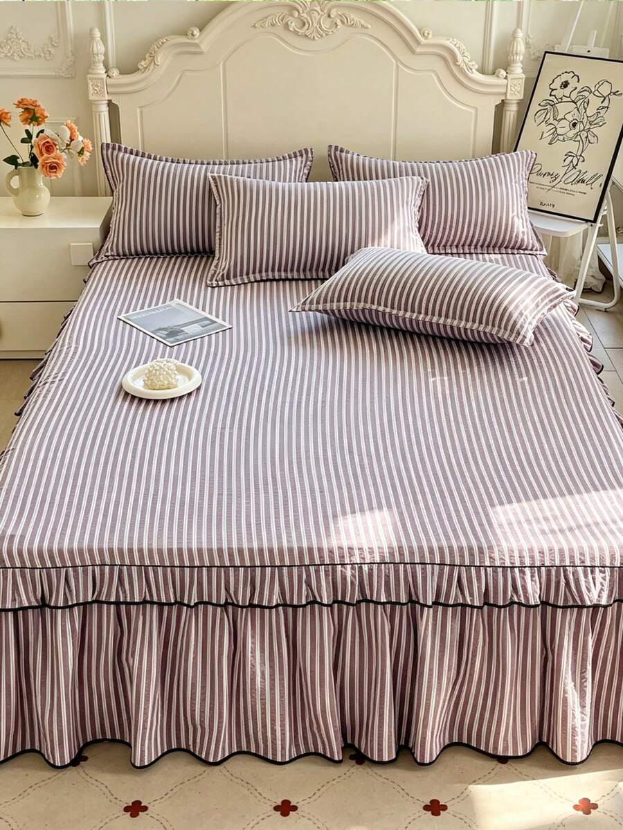 2-Color Striped Pattern Double Layer Ruffle Bed Skirt 3 Pieces Set Including 1 Bed Skirt And 2 Pillowcases, Elegant Fresh Pastoral Style, Suitable For Double Bed And Single Bed, Bedroom Bedding Bed Sheets, Multiple Size Options, All Season Use - Lilac Purple - View 1