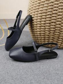 XBYASDF Women's Royal Blue Backless Flat Shoes, Double Buckle Square Toe Elegant Commute Comfortable Mary Jane Pumps - Dark Blue - View 3