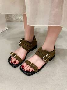 1 Pair Women's Green Buckle Flat Sandals, Elegant Commuter Style, Spring/Summer Fashion, Comfortable Versatile Sandals - Olive Green - View 7
