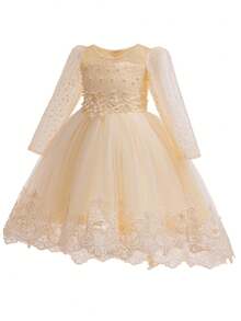 Young Girls Shiny Princess Tulle Dress, Decorated With Lace And Beaded Details, Elegant Long Sleeve Mesh Overlay Party Dress, Suitable For Flower Girl, Wedding, Birthday Party And Other Formal Occasions, Polyester Party Dress For All Seasons - Champagne - View 7