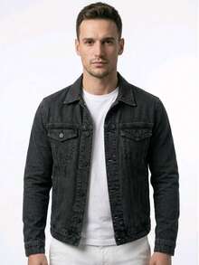 Men's Denim Jacket With Pockets And Buttons - Màu xám đen - Xem 1