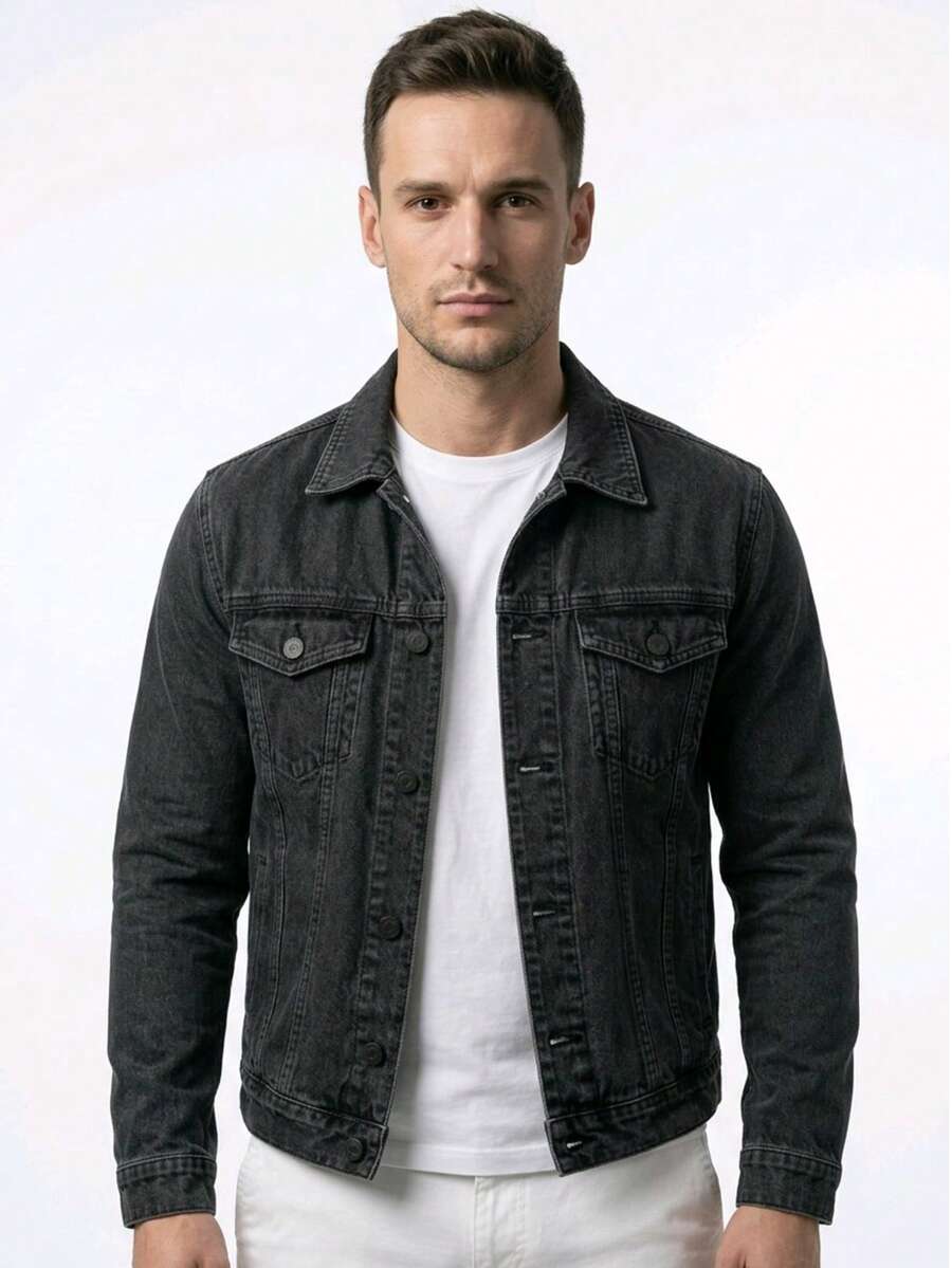 Men's Denim Jacket With Pockets And Buttons - Màu xám đen - Xem 1
