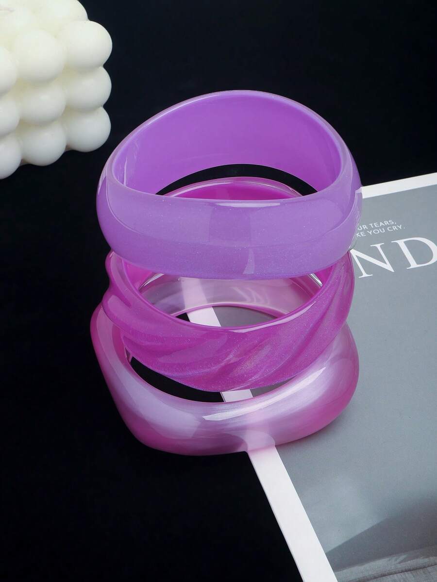 3pcs/Set Minimalist Asymmetrical Resin Purple Gradient Sequin Bracelets, Niche Design, Fashionable Versatile, Suitable For Women's Daily Personalized Styling Or Vacation Travel Wear - Purple - View 1