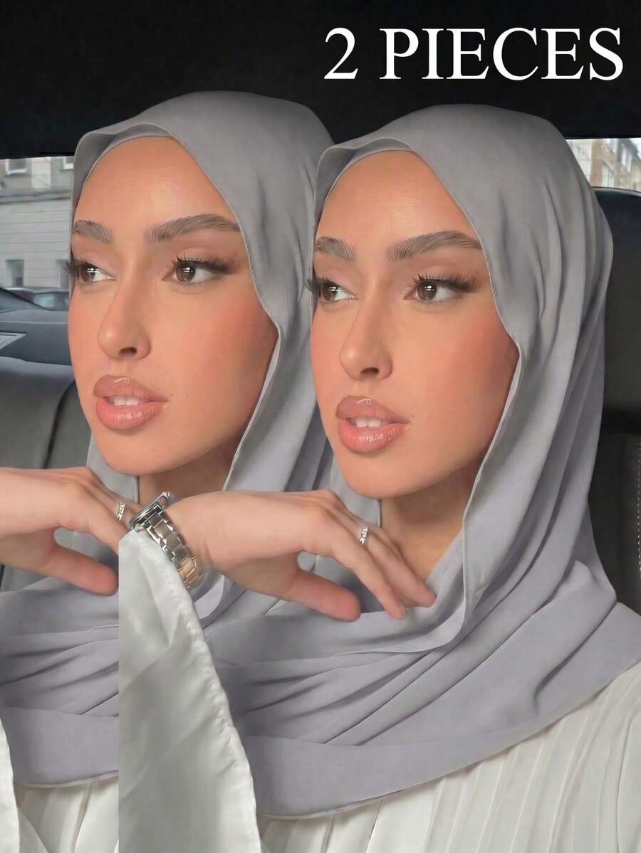 2pcs Solid Color Women's Chiffon Headscarf Shawl - Light Gray 2-pack - View 1