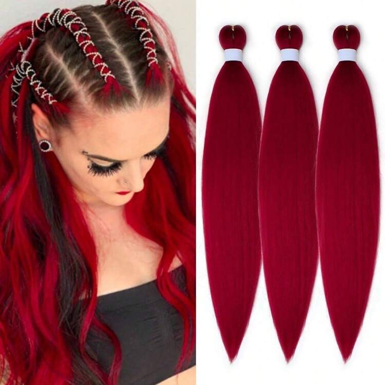 Cabello rojo para trenzar, preestirado, 26 pulgadas, 3 paquetes. Extensiones de cabello sinttico preestirado para trenzas de caja y crochet. 26 pulgadas, 3 paquetes, R - rojo - Añade 1