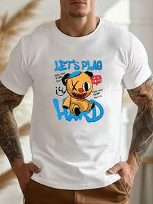 T-shirt à manches courtes en pur coton pour hommes, style décontracté, imprimé graphique ours de dessin animé "Let's Play", col rond, tee-shirt pour le port quotidien - Blanc - Voir 6