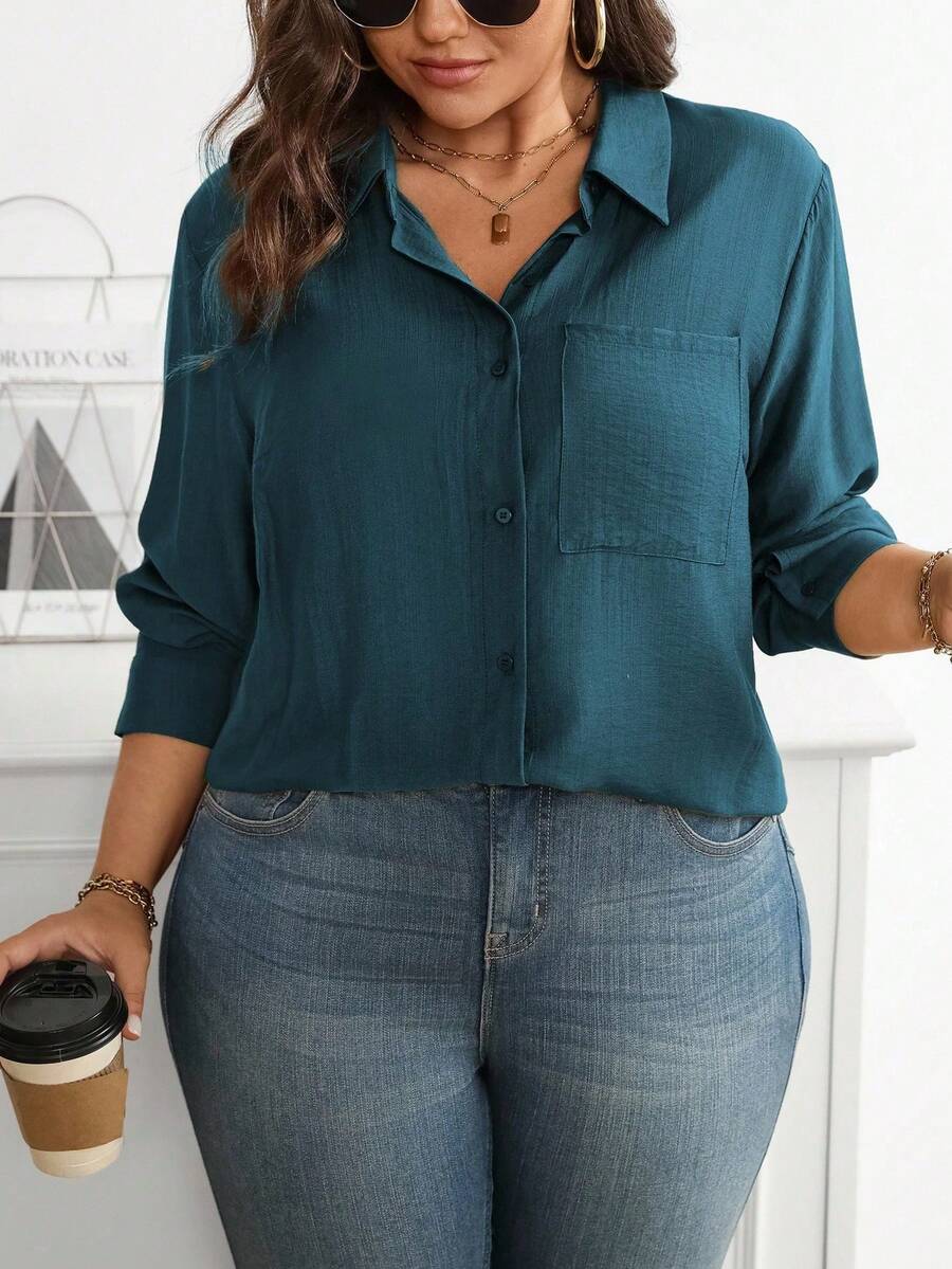 Nuevo 2026 Camisa casual de manga larga de un solo pecho con bolsillo para mujer de talla grande de unicolor - Agua verde azul - Ver 1