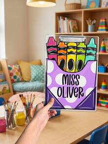 1pc Custom Teacher Name Clipboard, Personalized Crayon Print Polka Dot Decor Clip Board, Teacher Appreciation Back To School Gift Classroom Office Desk Accessory - Multicolor - View 5