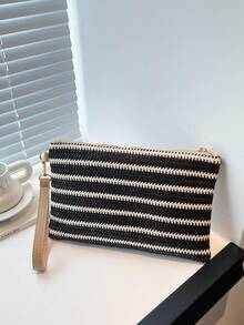 Fashion Spring/Summer New Hand-Carried Document Bag Hand-Held Envelope Bag Casual Black And White Color Block Striped Multi-Use Hand-Carried Straw Woven Colorful Envelope Women's Bag - Black and White - View 8