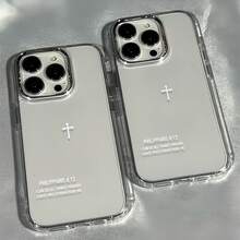 1個電鍍金屬按鈕透明極簡個性化小眾十字文字圖案手機殼，適用於 iPhone 16 Pro Max 17/16/15/14 Plus/13/12/11 保護殼 Air - 彩色 - 查看 3