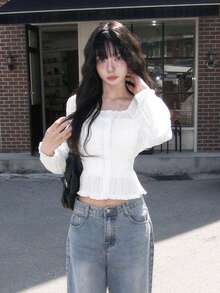 Women's Solid Color Lace Patchwork Single-Breasted Square Neck Slimming Long Sleeve Blouse, White - White - View 6