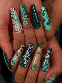 Wild Leopard Blue Floral Fake Nails Long T-Shape Painted Cool Hot Girl Flower 24pcs Wearable Nail Tips - Multicolor - View 1