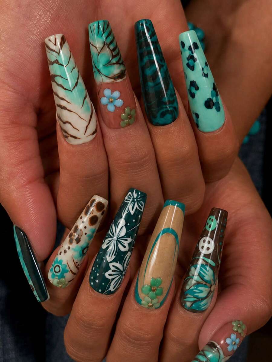Wild Leopard Blue Floral Fake Nails Long T-Shape Painted Cool Hot Girl Flower 24pcs Wearable Nail Tips - Multicolor - View 1